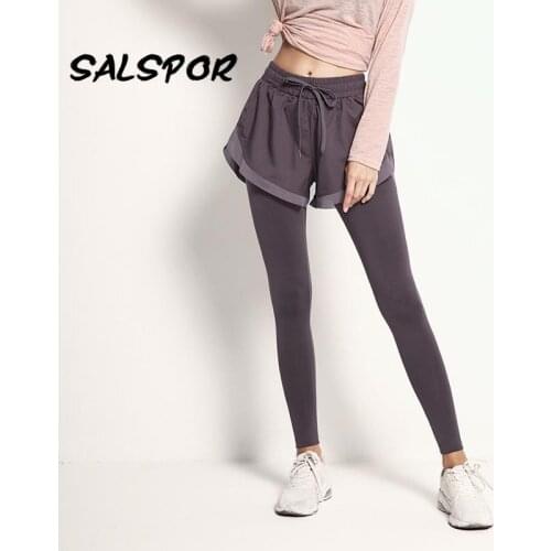 SALSPOR Fake Two-Piece Sport Leggings Women High Waist Gym Seamless Legging with Pocket Mujer Activewear Running