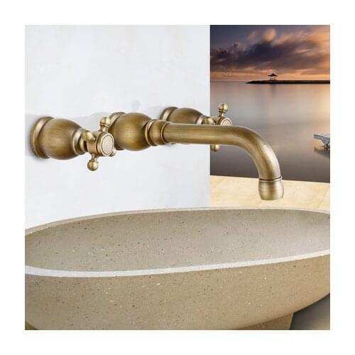 Vidric Antique Copper wall mounted bathroom faucet for hot and cold Mixer tap Sink faucet Double handle 3 hole basin faucet