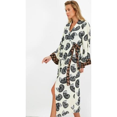 Leaf and Mussel Patterned Viscose Kimono&Caftan Cover-Ups Women Summer Casual Beach Style Cover-Ups