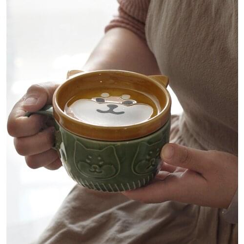 Japanese Cute Mug Creative Ceramic Shiba Inu Panda Coffee Cup with Lid Home Couple Milk Breakfast Cup Water Cup