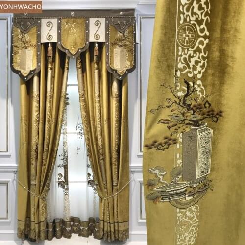 Custom curtain Chinese luxury living room villa golden high-grade velvet thick cloth blackout curtain valance tulle panel C522