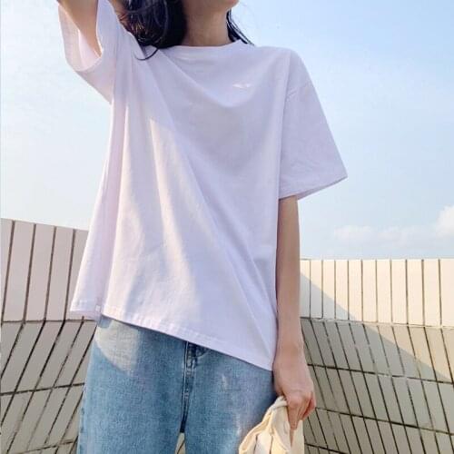 Women T-shirt Solid Basic 100% Cotton Tee Shirt Women Summer New Oversized Tees Casual Loose Tshirt Korean O Neck Female Tops