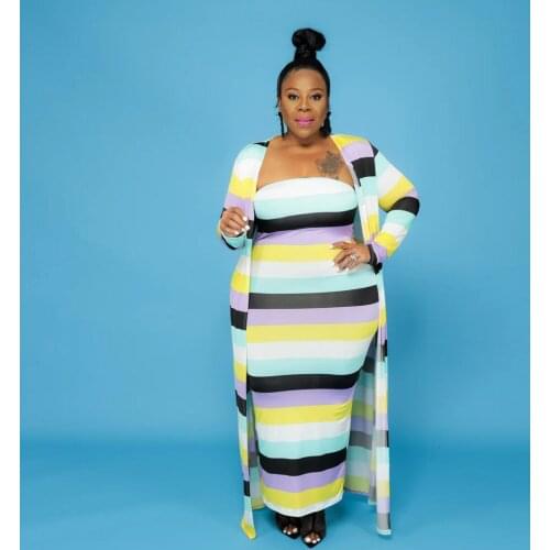 2021 Ins Internet Celebrity Famous Women Set 2Pcs Floor Lengh Dress Striped