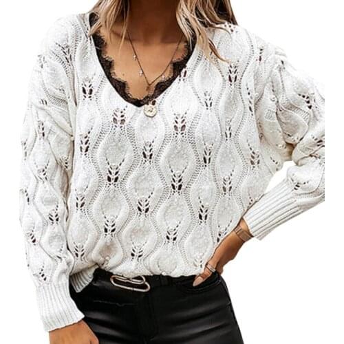 Womens Casual Long Sleeve Loose Sweater Fashion Solid Color Lace Trim V-neck Knitwear Spring Autumn