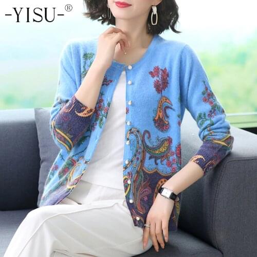 YISU Knitted Cardigan Sweater Women O neck Long Sleeve Plus size Sweater Autumn Winter fashion Flower print sweater cardigan