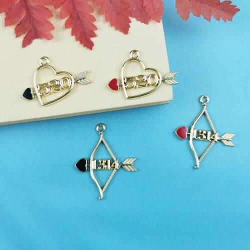 10 Pcs Based Alloy Charms Bow And Arrow Heart Couples Pendants Gold Color Red Enamel For DIY Bracelet Necklace Jewelry Makings