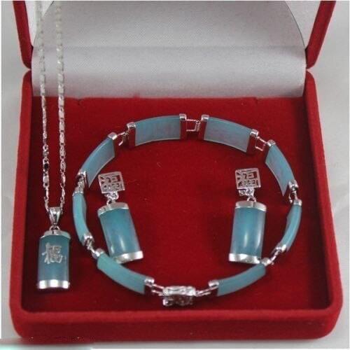 Free Shipping Blue stone pendant necklace bracelet earrings sets NO BOX