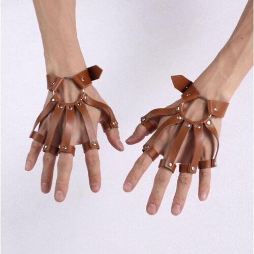 Unisex PU Leather Wristband Gothic Punk Rock Bracelets with Finger Rings Exotic Cosplay Rave Bangle Costume Adjustable Bracers