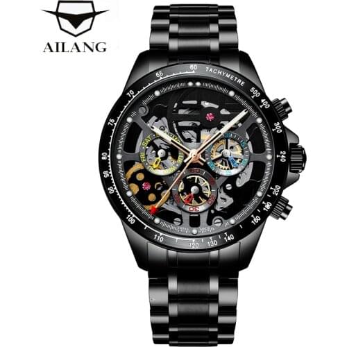 AILANG Tourbillon window men watches top brand luxury Automatic clock men waterproof Black Steel Mechanical relogio masculino