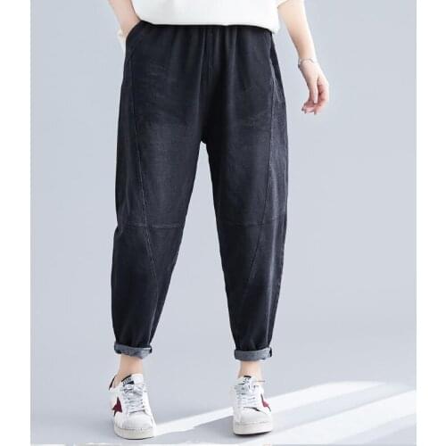 Autumn New Arts Style Women Elastic Waist Loose vintage Black Jeans All-matched Casual Cotton Denim Harem Pants Big Size