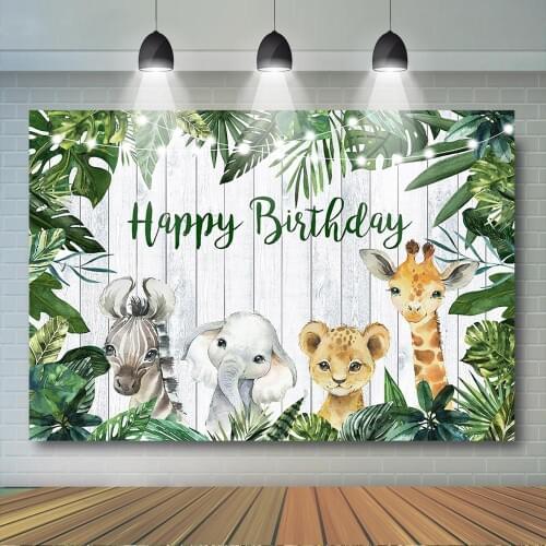 Safari Ainmal Birthday Backdrop Baby Boys Wild One Birthday Baby Shower Party Decoration Grey Wood with Green Leaves Background