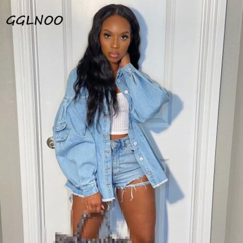 GGLNOO Sexy Fashion Denim Jacket Lantern Sleeve Fall Clothing for Women Harajuku Outerwear Button Pocket Blue Jean Jacket Coat