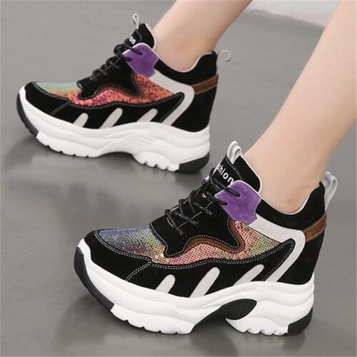 Womens Real Leather Platform Wedge Fashion Sneakers Bling Bling Shiny Glitter High Heel Ankle Boots Trainers Casual Shoes