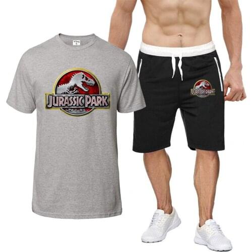 2021 Jurassic Park Mens Hot New Fashion Print Cotton Round Neck Sleeve + Shorts Fitness Pants Casual Sports Suit T-Shirt