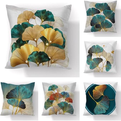 Hand Painted Ginkgo Leaves Pillows Case Polyester Short Plush Modern Floral Chair Cushions Case Living Room Decor Throw Pillows