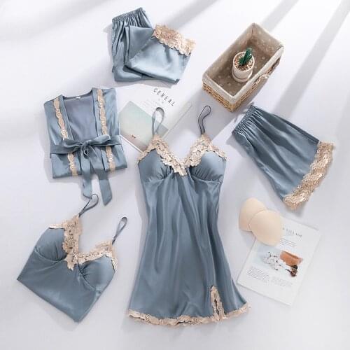 New Women Pajamas Sets Satin Sleepwear 5 Pieces Nightwear Lace Pyjama Lounge Pijama With Chest Pads