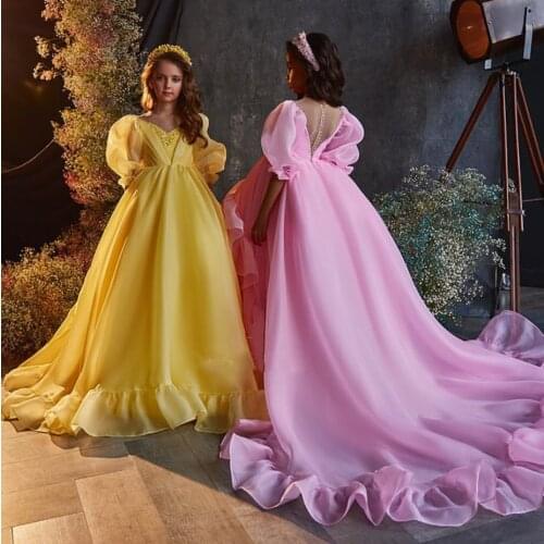 Stunning Girls Pageant Gown Half Sleeve Organza Backless Princess Birthday Dress Children Wedding Party Gown