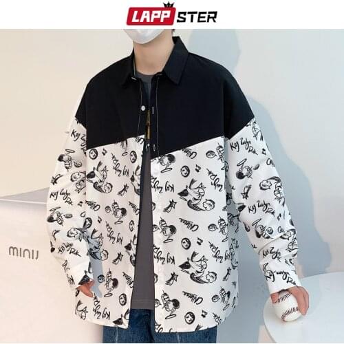 LAPPSTER Men Harajuku Patchwork Casual Shirts 2021 Mens Streetwear Y2k Kawaii Shirts Man Japanese Fashion Loose Oversized Shirts