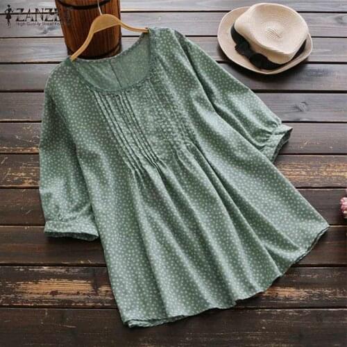 Summer Polka Dot Shirt ZANZEA Fashion Womens Casual O Neck Short Sleeve Printed Blouse Tunic Tops Loose Ruffle Blusas