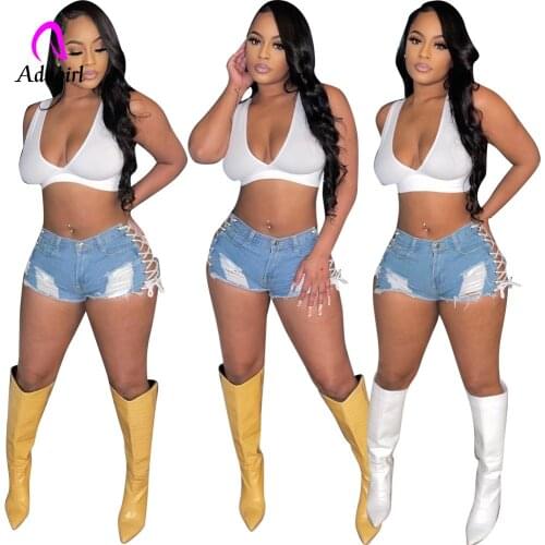 Ripped Women Jeans Streetwear Distressed Blue Denim Shorts 2021 Summer Workout Activewear Sexy Bandage Night Club Party Trousers