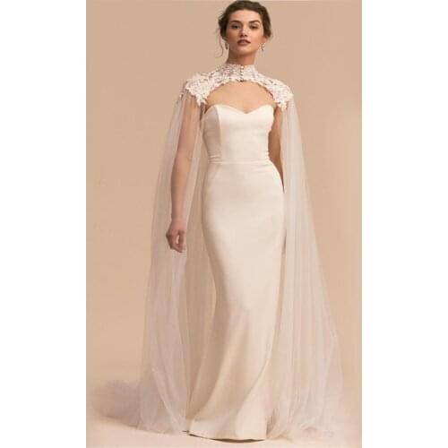 Bridal wedding shawl applique high collar transparent mesh cloak train church wedding jacket stage pageant dress accessories