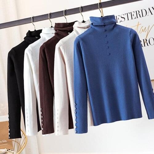 Korean Fashion Button Turtleneck Sweater Female Autumn Winter Women Knitted Pullovers and Sweaters Jumper Pull Femme Knit Tops