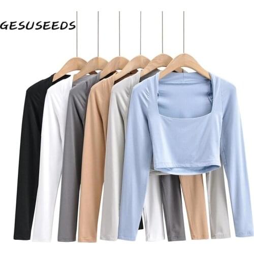Vintage square neck top women long sleeve t shirt casual solid spring summer top sexy cropped shirts white black t shirt khaki