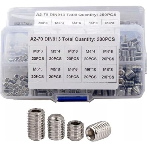 200pcs Hex Hexagon Socket Set Screw Flat Point Grub Screw Assortment Kit stainless steel M3M4 M5 M6 M8 Headless Set Screw DIN913