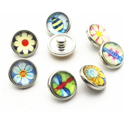 High Quality 20pcs/lot 12mm Glass flower Snap Buttons Fit DIY Snap Bracelet Snap Button Charms Jewelry