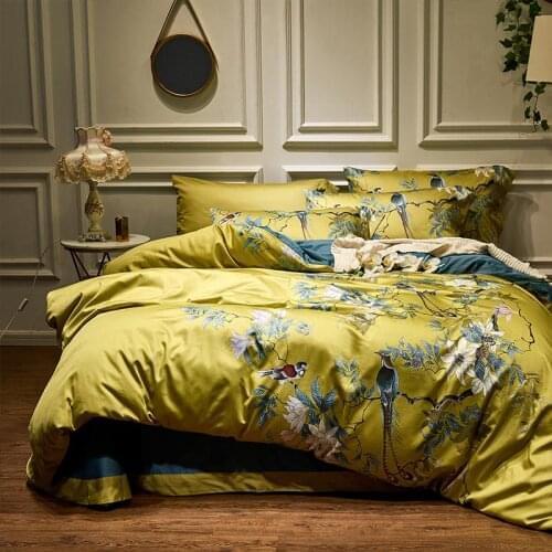 Yellow Silky Egyptian cotton Chinoiserie style Birds Plant Duvet Cover Bed sheet Fitted sheet set King Queen Size Bedding Set