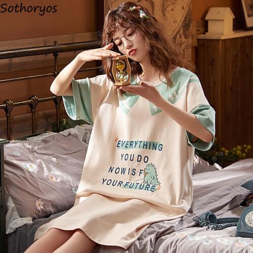 Nightgowns Women Short Summer Loose 3XL Print Korean Style Cartoon Pleated Leisure Sleepwear Womens Pyjamas Elegant Trendy Chic