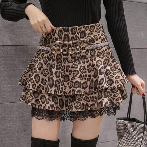 2020 Leopard Print Short Skirt Womens Fall/Winter New High Waist Ruffle Skirt Cake Anti-glare Hakama Puff Skirt
