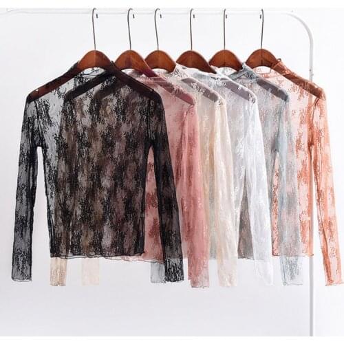 Summer Spring Womens See Through Mesh Basic Long Sleeve Blouse Mock Neck Embroidered Floral Lace Loose Pullover Tops