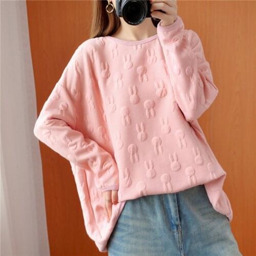 Padded Rabbit Thickened Womens Loose Sweatshirts Oversize Tops Autumn Winter Solid Pink Pullovers Female Large Size Casual Pull