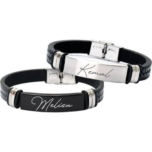 2 Piece Personalized Lover Bracelet Stainless Steel Genuine Leather Laser Processing