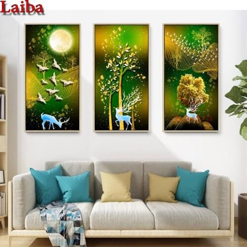 3Pcs Frameless abstract art DIY diamond Painting gold money tree deer moon Landscape Diamond Embroidery mosaic Home Wall Art