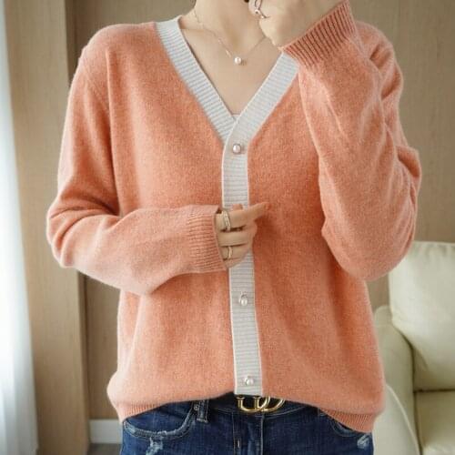 BARESKIY 2020 new 100% wool knitted cardigan cashmere sweater V-neck short loose long-sleeved jacket color matching thickening