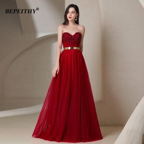 BEPEITHY Sweetheart Burgundy Prom Dresses With Crystals A-Line Floor Length Vestidos De Fiesta Vintage Evening Gown For Women