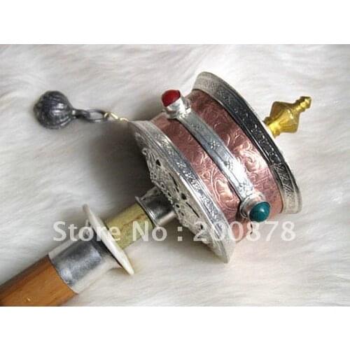 TBC927 Tibetan cane hand-held big Prayer Wheel,brass copper Buddhist Mani wheel,310mm long