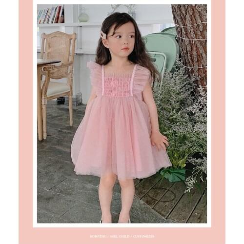 Fashion Pink Summer Girl Dress Cotton Sleeveless Cute Party Princess Girls Dress Off Shoulder Robe Fille Kid Clothes BW50DR