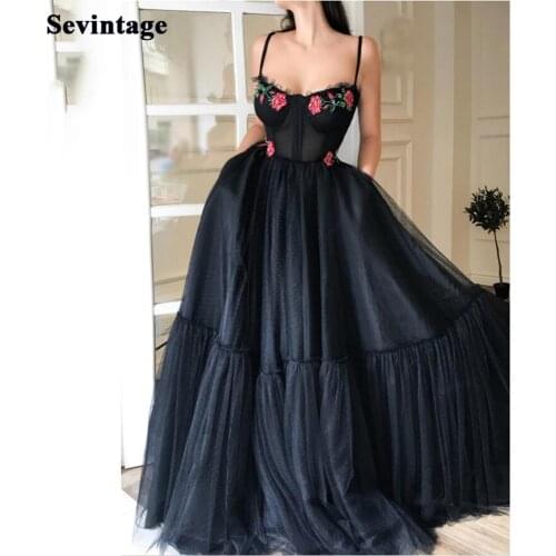 Sevintage Black Dotted Tulle Long Prom Dress Flowers Spaghetti Strap Fitted Boning Evening Gowns Custom Made Back Party Dresses