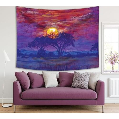 Tapestry African Landscape Desert Trees Wild Nature Sunrise Magical View Printed Purple Yellow Blue