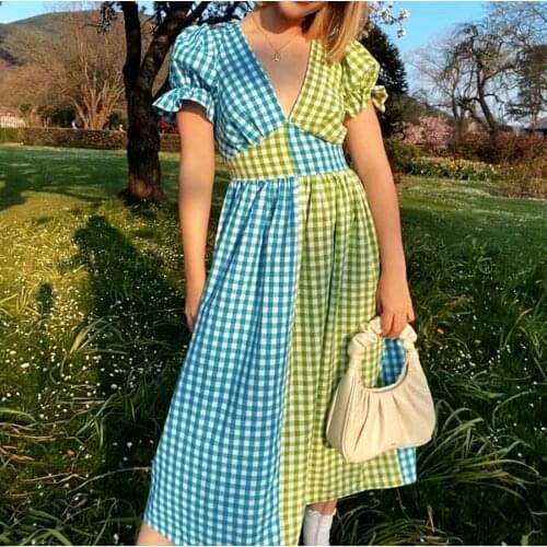 GypsyLady Summer Patchwork Midi Dress Cotton Vintage Plaid Dresses Women V-neck Ladies Casual Chic Ladies Female Dress 2021