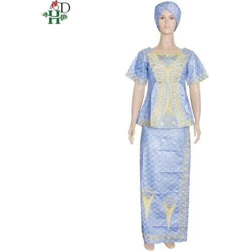 H&D 100% Cotton Bazin Riche African Clothes Women 2 Pieces Set Short Sleeve Tops Skirt Suit Embroidery Dashiki Shirt Turban M001