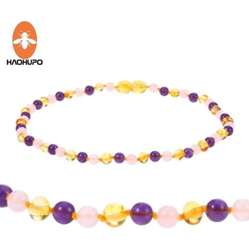HAOHUPO 6 Design Amber Necklace Jewelry with Natural Rose Quartz Amethyst Gemstone Knotted Baltic Amber Bijoux for Baby Women