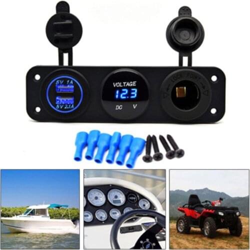 JX-LCLYL Car Boat 3 Hole Panel Dual USB Charger+Blue LED Voltmeter+12V Socket Waterproof