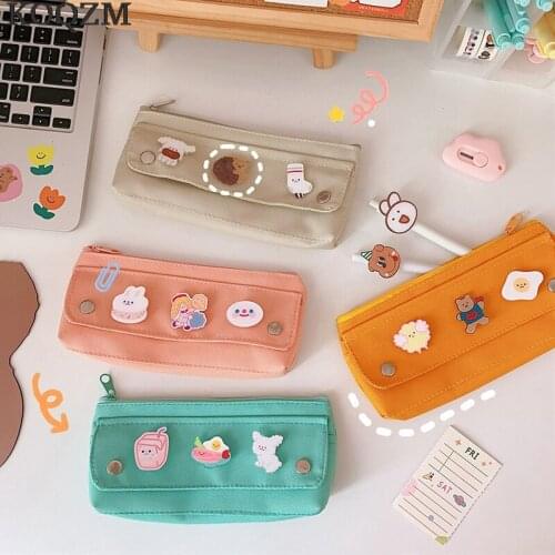Kawaii Large Pencil Case Stationery Storage Bags Canvas Pencil Bag Cute Makeup Bag School Supplies for Girl Kids Gift w/ Badge