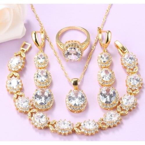 Elegant Wedding Costume Gold Color Bridal Jewelry Sets AAA+ Quality White Zircon Necklace And Earrings Sets Ring Size 6/7/8/9/10