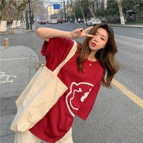 Summer American Street Vintage Laughing Face Short-Sleeved t-Shirt Korean Fashion Aesthetic Oversize Harajuku Girl Womans Top