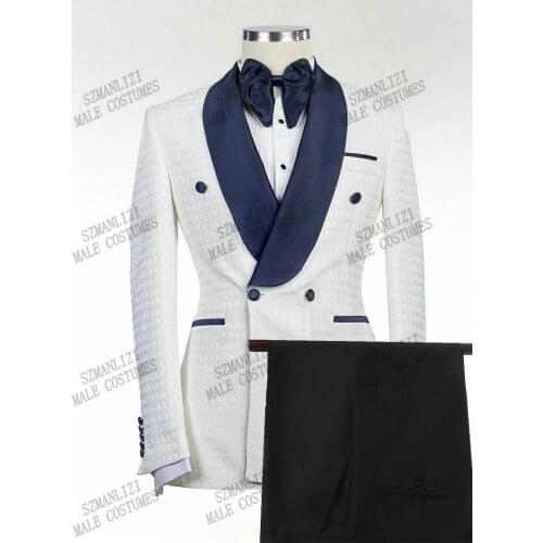 2021 White Plaid Mens Wedding Suit Double Breasted Slim Fit Navy Blue Lapel Prom Groom Tuxedo Bridegroom Best Man Blazer Pants